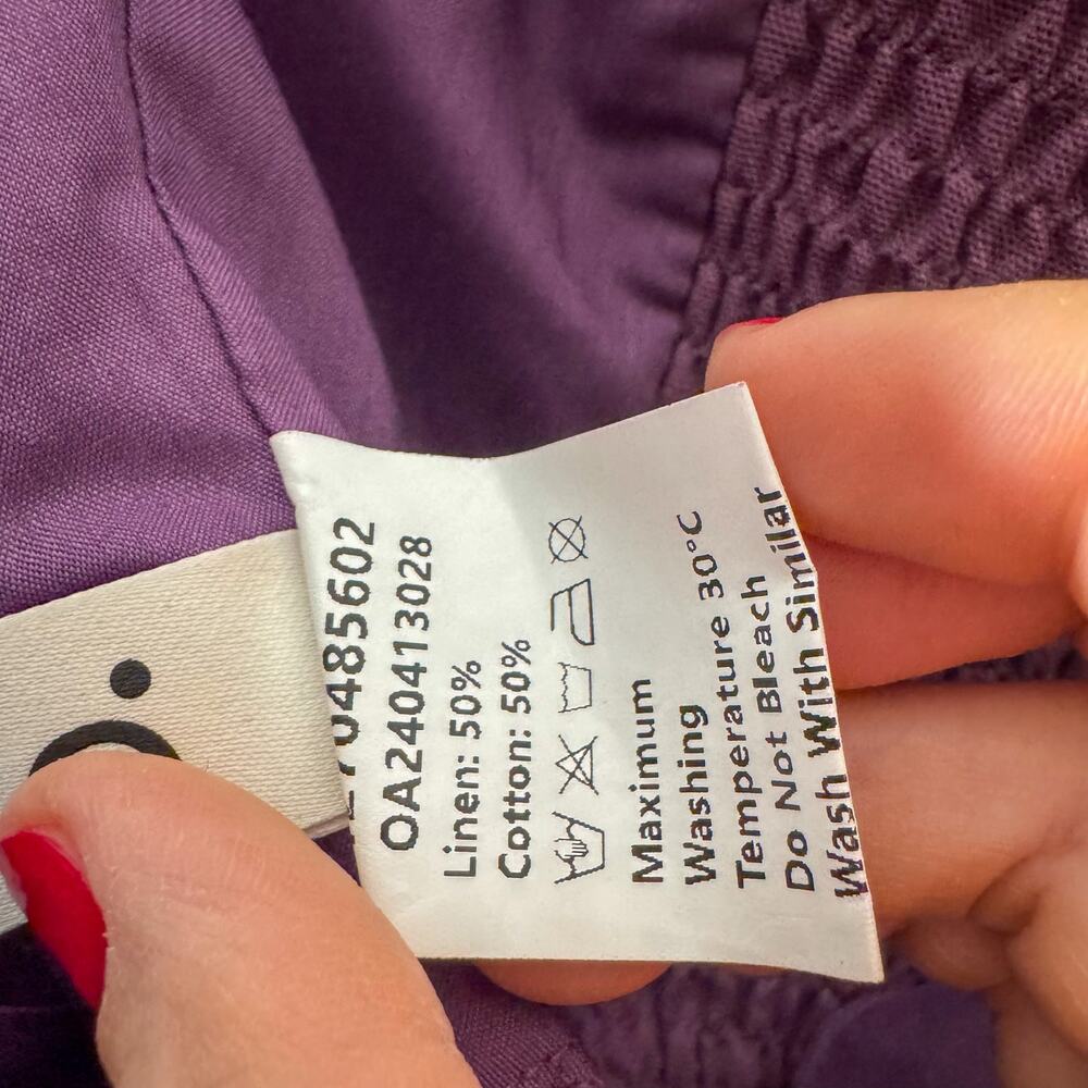 Commense Purple Linen Blend Smocked Strapless Tie Front Bandeau Crop Top - Picture 6 of 7